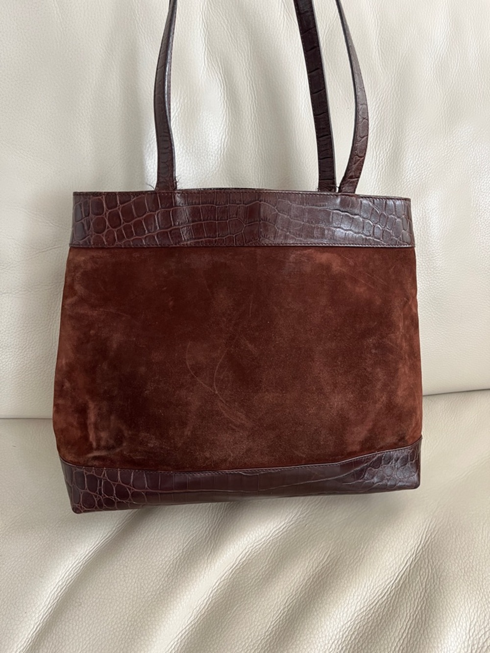 Ferragamo Luxury Brown Suede & Croc-print Leather Trim Tote Bag - Picture 2 of 9